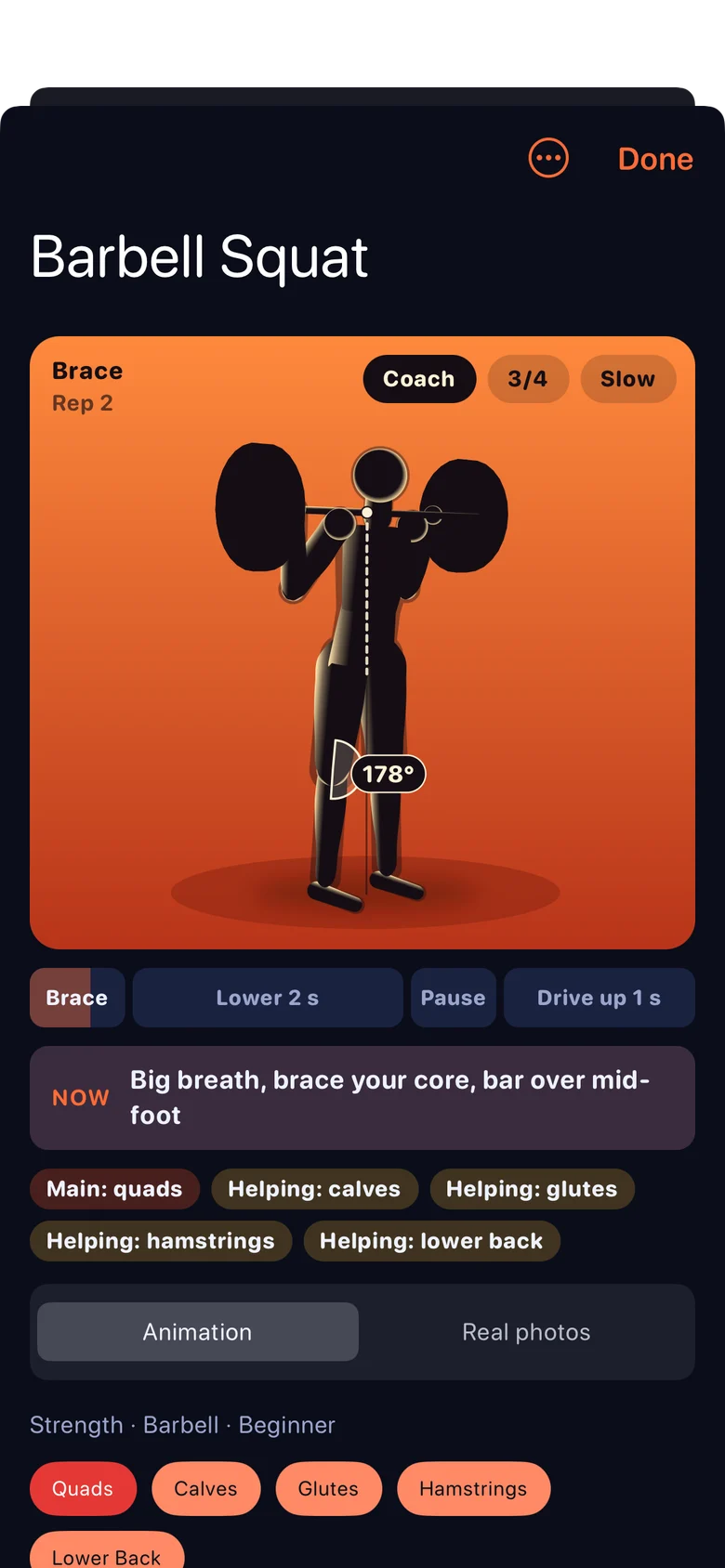 An exercise demo: the animated coach shows the squat with its cues
