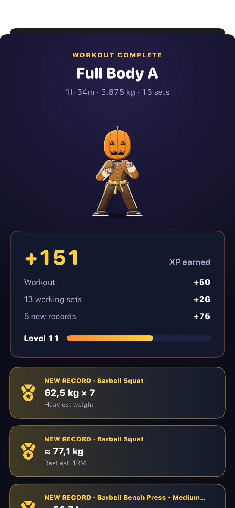 The finish screen after a workout: XP earned, new records and the season level