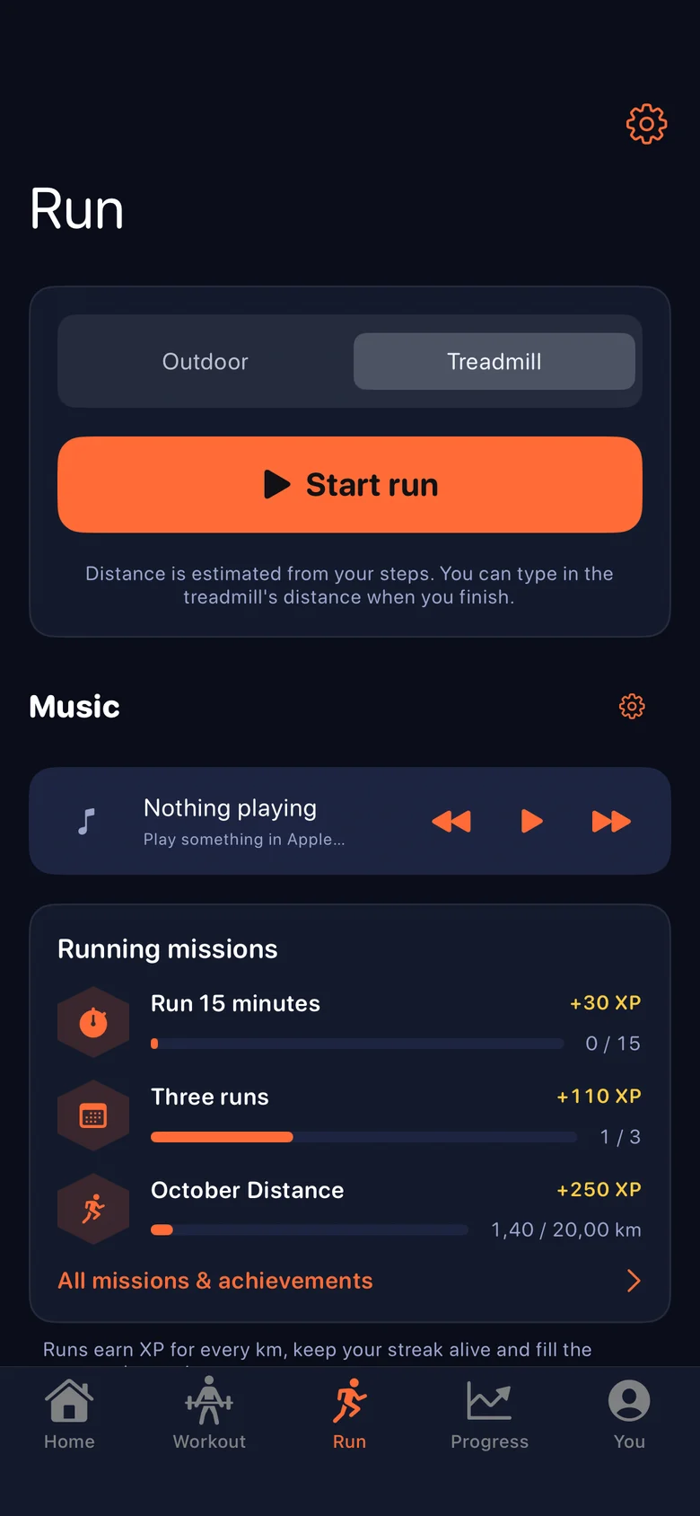 The run screen: start a GPS or treadmill run, with this week’s running missions